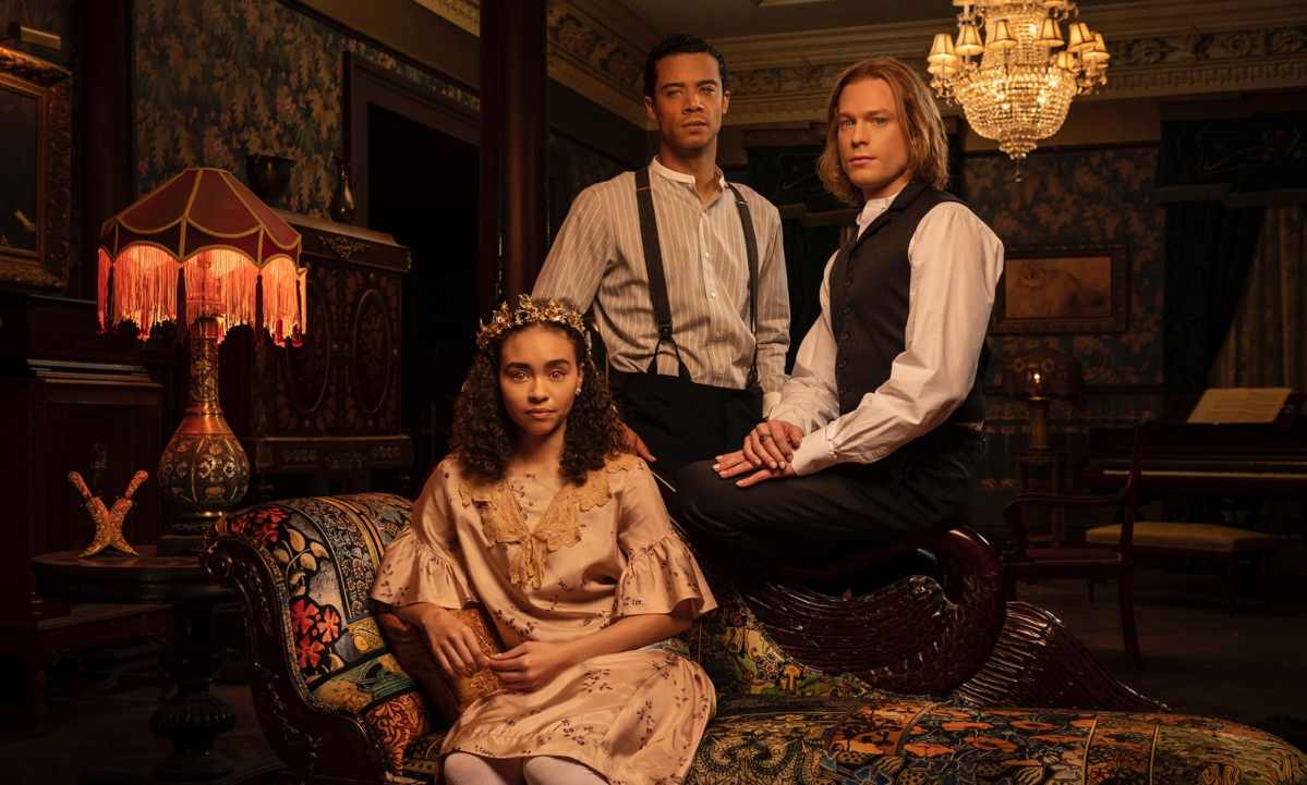 Jacob Anderson as Louis, Sam Reid as Lestat, and Bailey Bass as Claudia in Interview with the Vampire season 1
