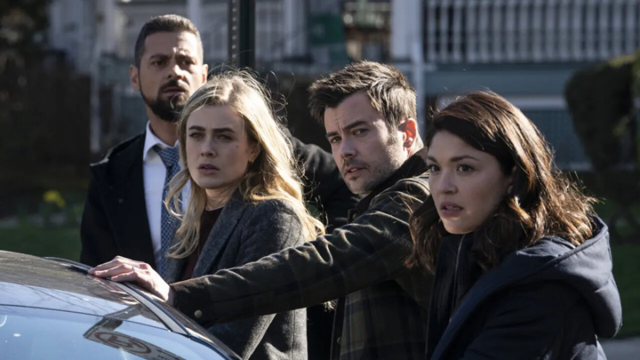 Jared, Michaela, Zeke, and Drea pose by a car in Manifest season 4