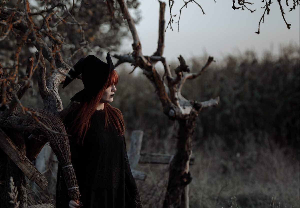 A woman in a witch's hat with a broom stands in the woods.