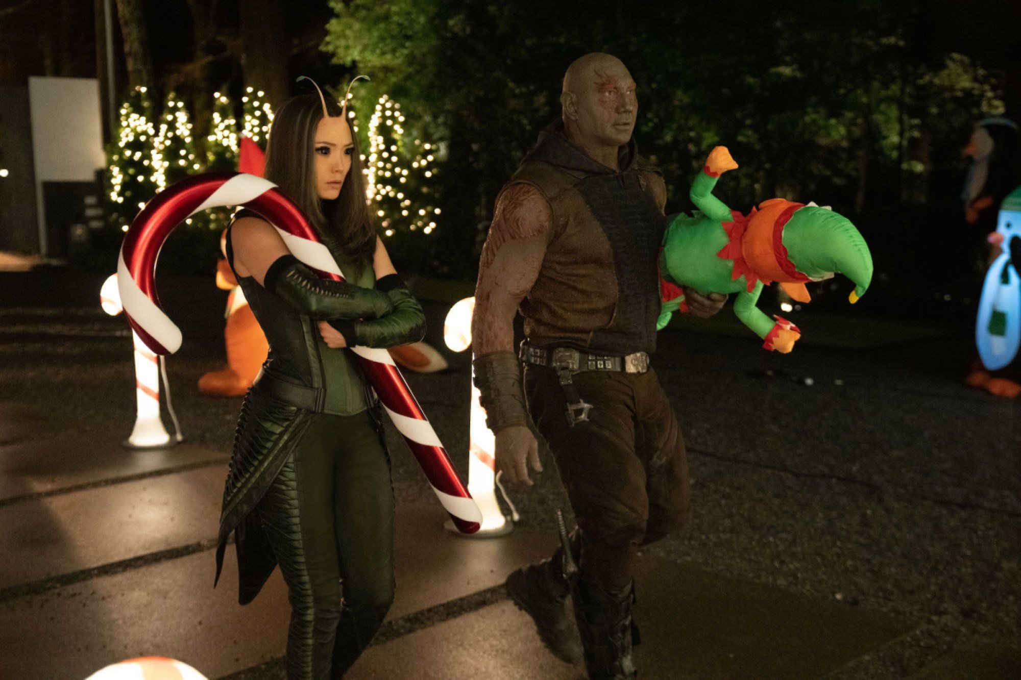 Pom Klementieff and Dave Bautista in the Guardians of the Galaxy Holiday Special