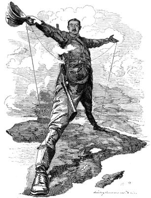 "The Rhodes Colossus - Striding from Cape Town to Cairo" political cartoon from 1892 Punch Magazine by artist Edward Linley Sambourne. Image: Creative Commons.