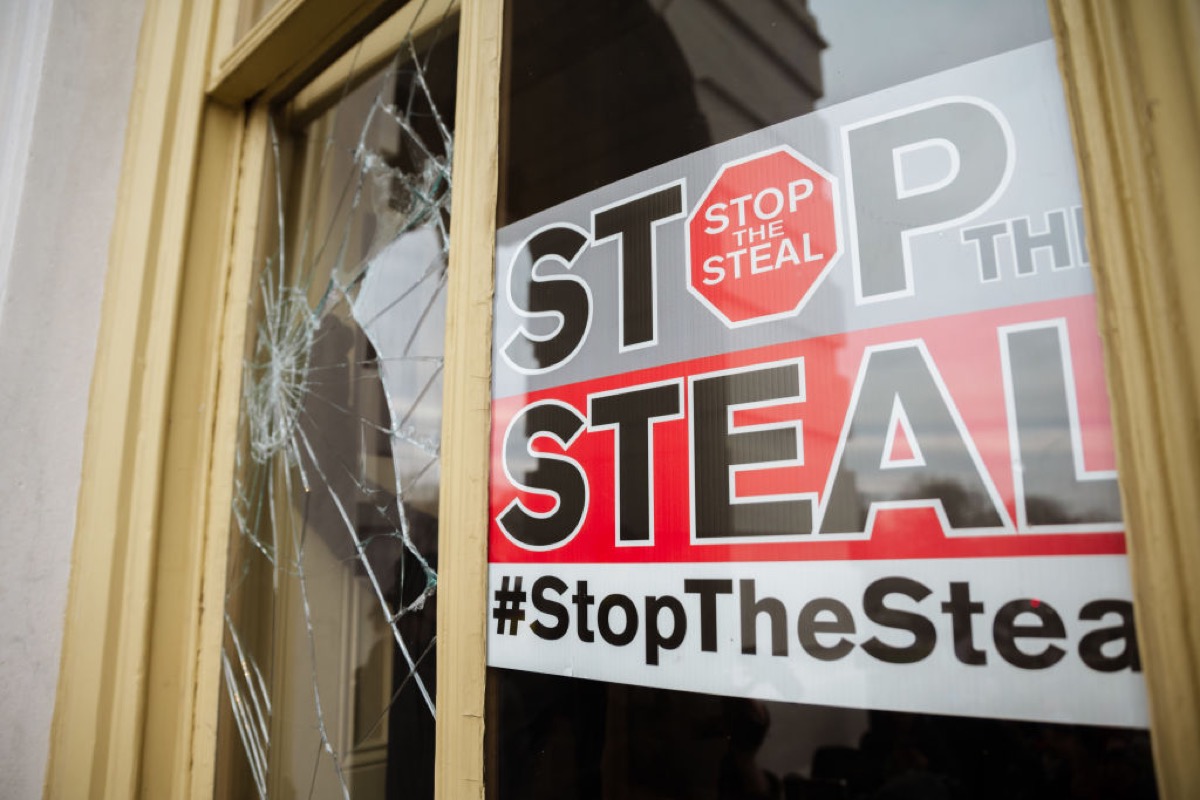 WASHINGTON, DC - JANUARY 06: A Stop The Steal is posted inside of the Capitol Building after a pro-Trump mob broke into the U.S. Capitol on January 6, 2021 in Washington, DC. A pro-Trump mob stormed the Capitol, breaking windows and clashing with police officers. Trump supporters gathered in the nation's capital today to protest the ratification of President-elect Joe Biden's Electoral College victory over President Trump in the 2020 election. (Photo by Jon Cherry/Getty Images)