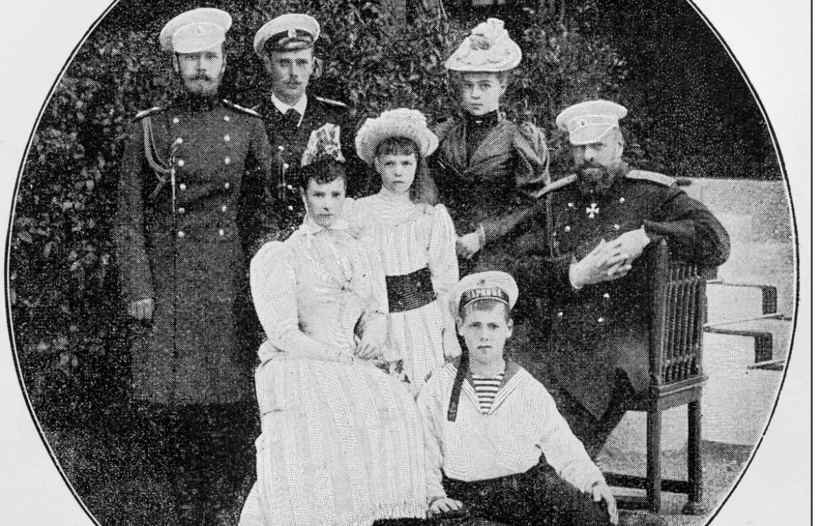 Antique black and white photograph: Nicholas II of Russia and family, 1893 - stock illustration Antique black and white photograph: Nicholas II of Russia and family, 1893