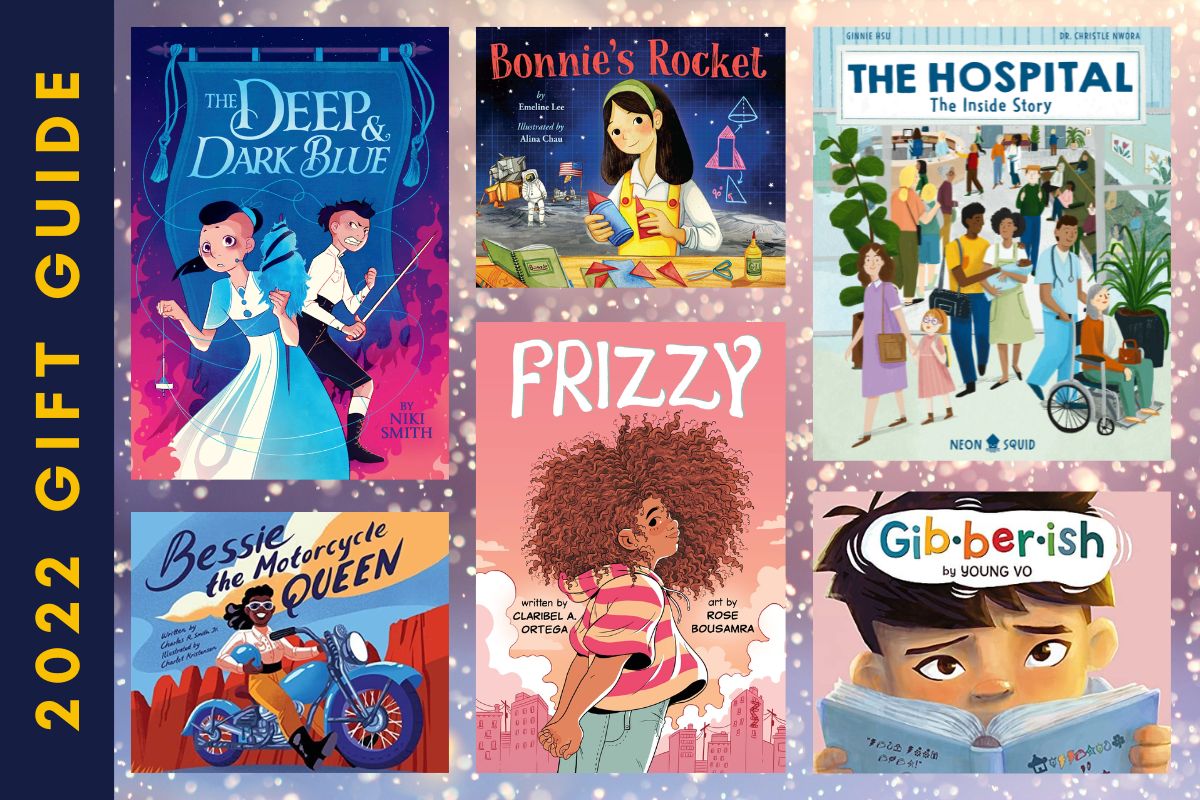 Holiday Gift Guide 2022 TMS with six of many books for children under 11 years of age.  Image: collage from various publishers.