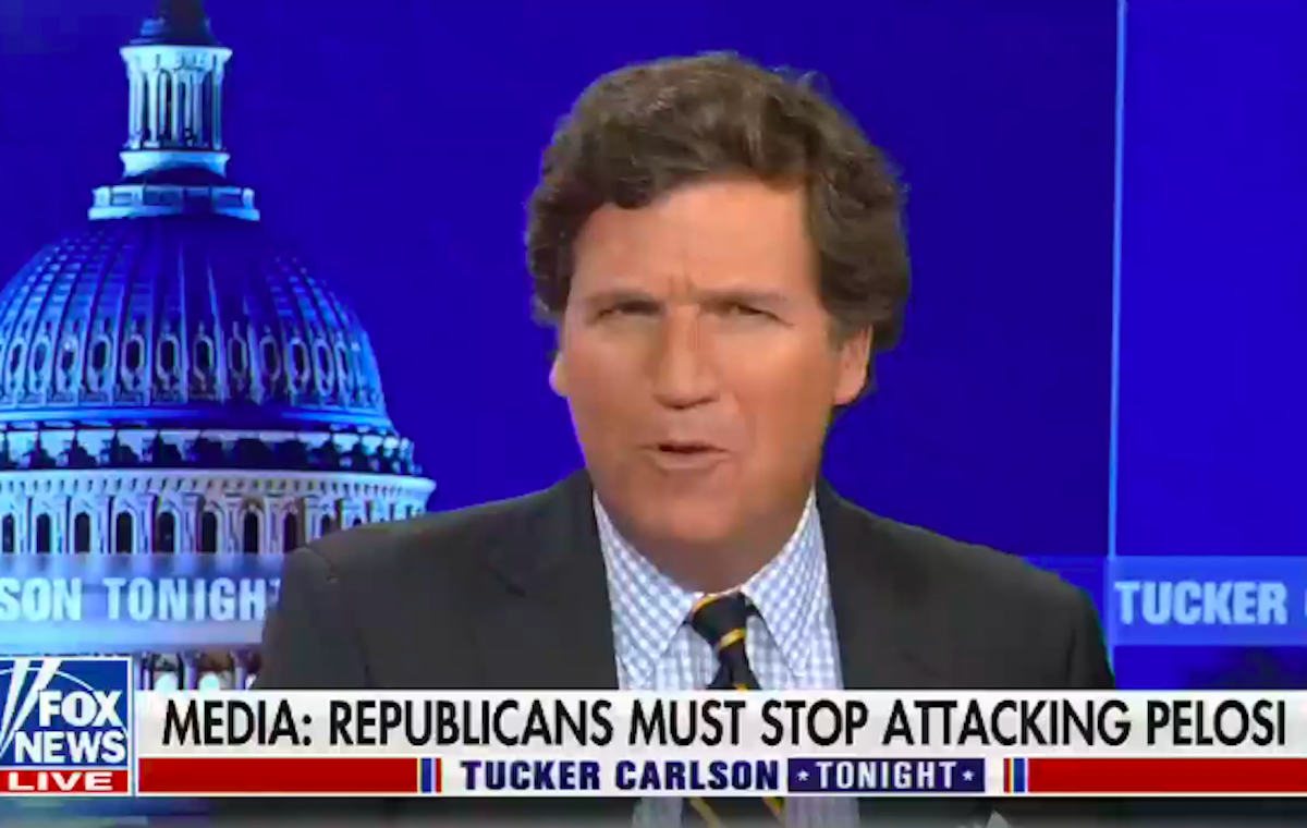 Tucker Carlson makes a mocking face on his Fox News show above a chyron reading "Media: republicans must stop attacking Pelosi"