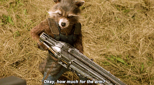 Rocket Raccoon asking how much for Bucky's arm