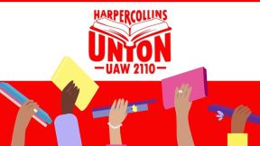 UAW 2110 logo behind a row of arms holding up books. Image: UAW 2110, Alyssa Shotwell.