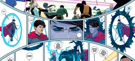 Several panels from Young Avengers in which Billy floats in a pentagram and becomes the Demiurge.