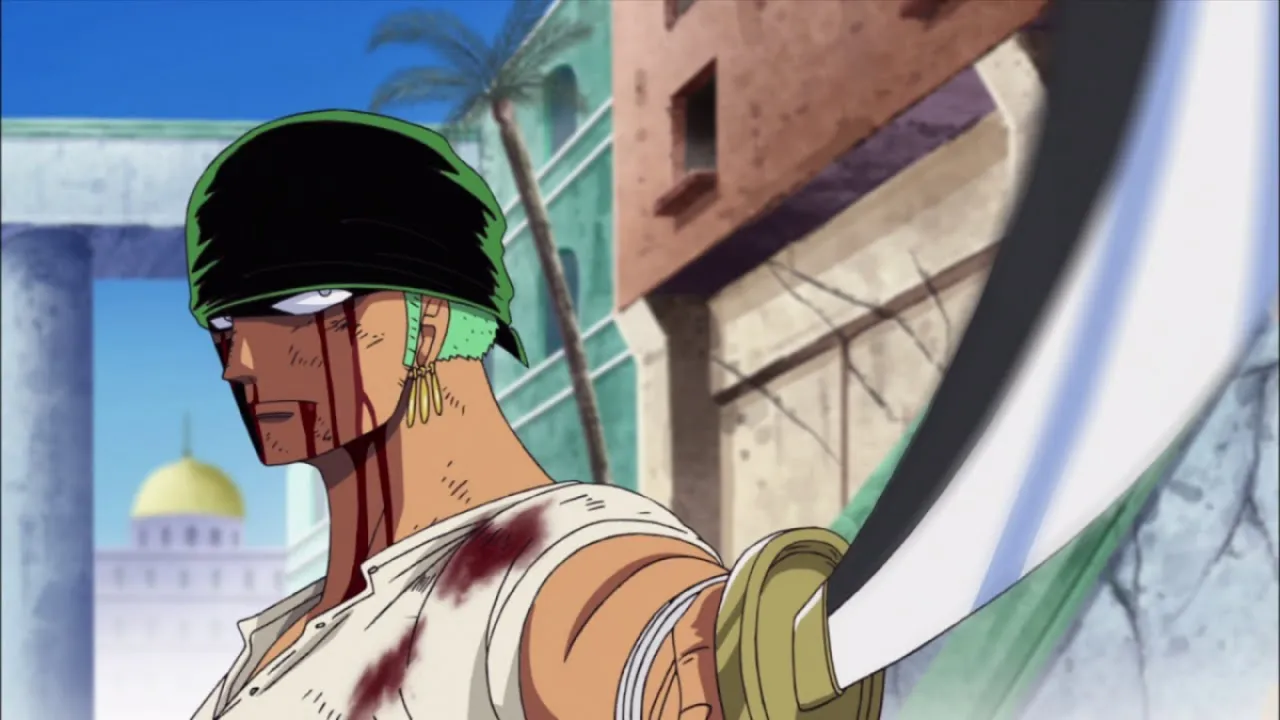 A bloodied Zoro pointing a sword.  