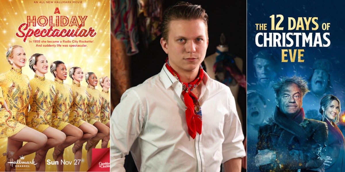 A Holiday Spectacular and The 12 Days of Christmas Eve posters along with a professional shot of costume designer Keith Nielsen