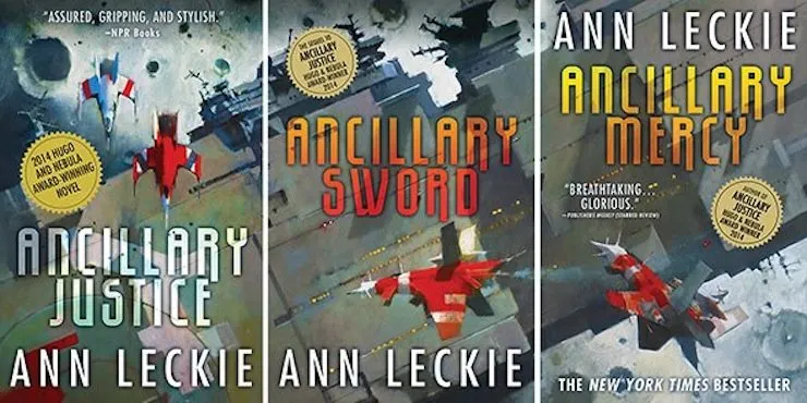 Covers of the three books in the Imperial Radch trilogy.
