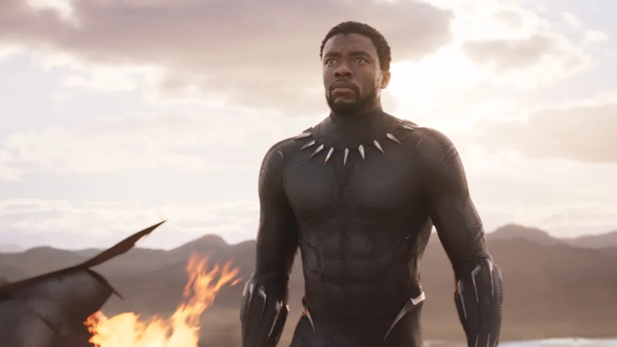 T'Challa stands on a battlefield, wearing his Black Panther suit.