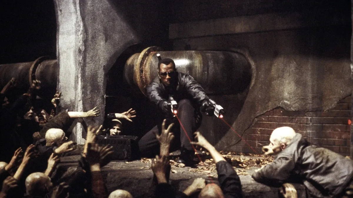 Wesley Snipes as the vampire hunter Blade fighting a horde of vampires in 'Blade II'