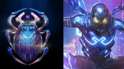 a side by side of the new Blue Beetle poster and Blue Beetle in the comics