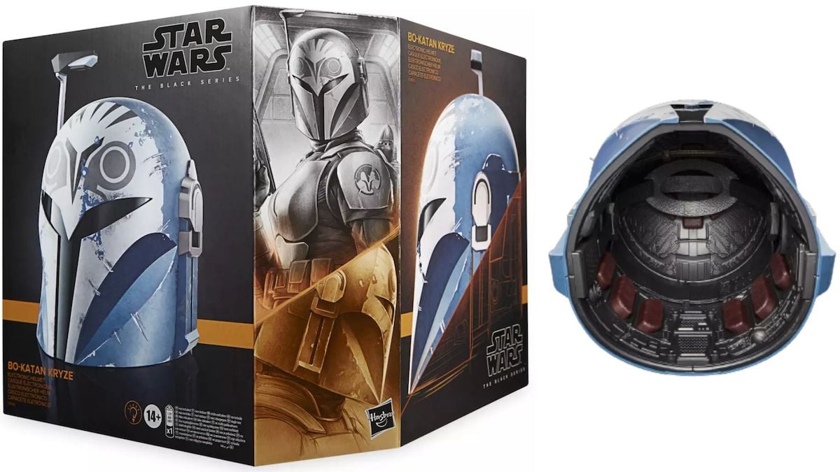 The packaging for a replica of Bo-Katan Kryze's helmet as seen in The Mandalorian and a view of the inside of the helmet from underneath