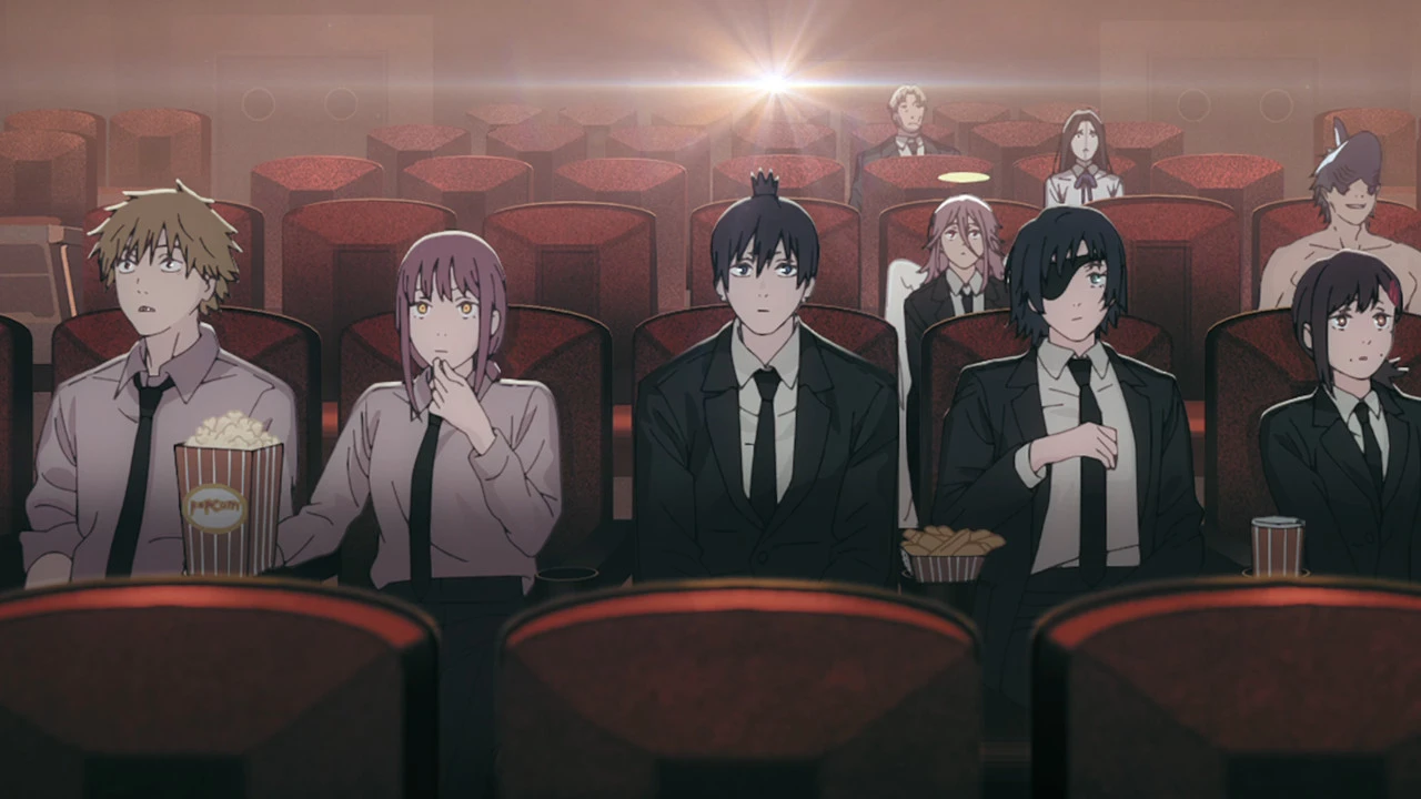 In the opening credits of 'Chainsaw Man,' characters sit in a movie theater, watching a film. Some are wearing suits and eating popcorn.