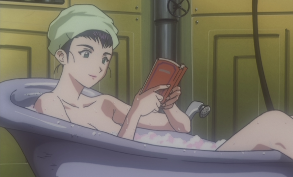 A woman looks at her phone while relaxing in a bathtub in an image from the anime 'Cowboy Bebop'