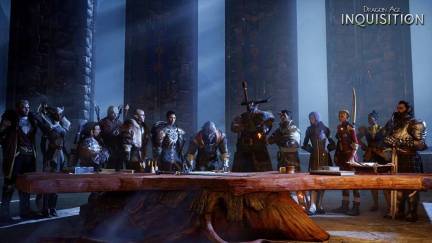 Every companion at the war table in Dragon Age Inquisition.