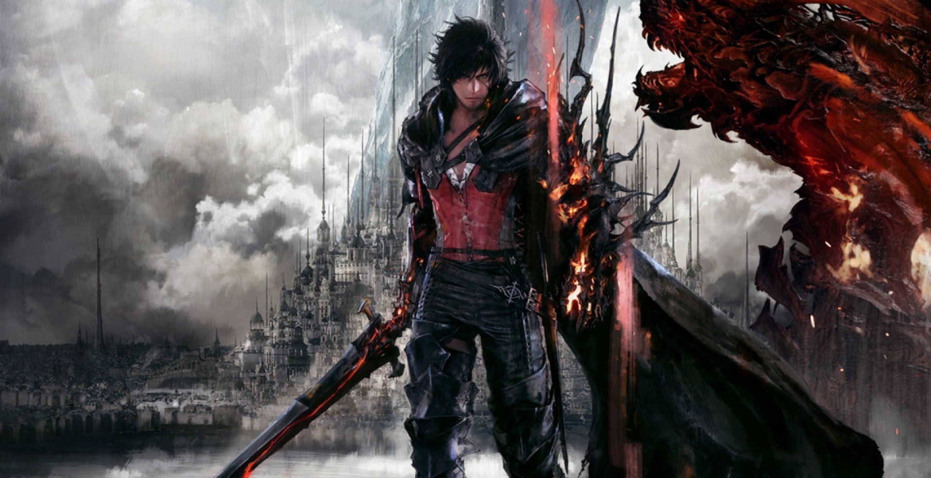 Clive, the protagonist from 'Final Fantasy XVI,' stands in the foreground. His left arm is covered in strange black spikes and glows with fire. In his right hand, he holds a sword.