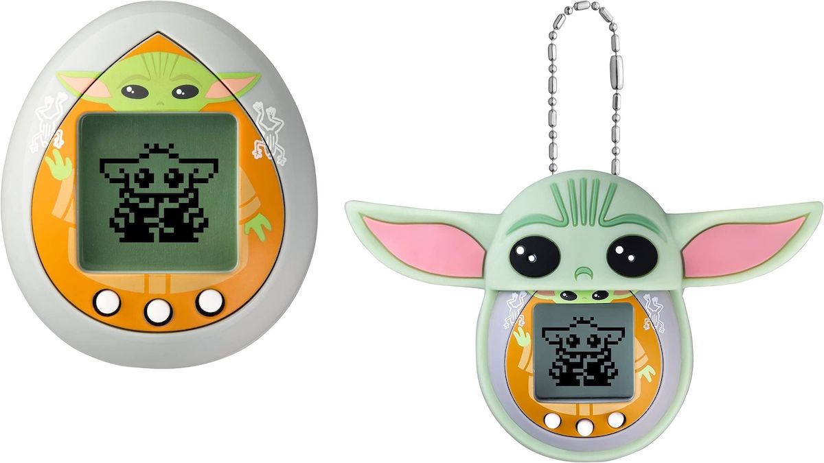 A Tamagotchi game device next to an image of the same Tamagotchi game device in a silicone case designed to look like Grogu that is dangling from a silver beaded chain
