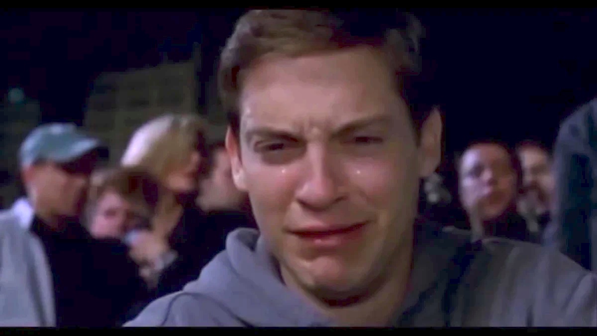 Tobey Maguire crying in Spider-Man.