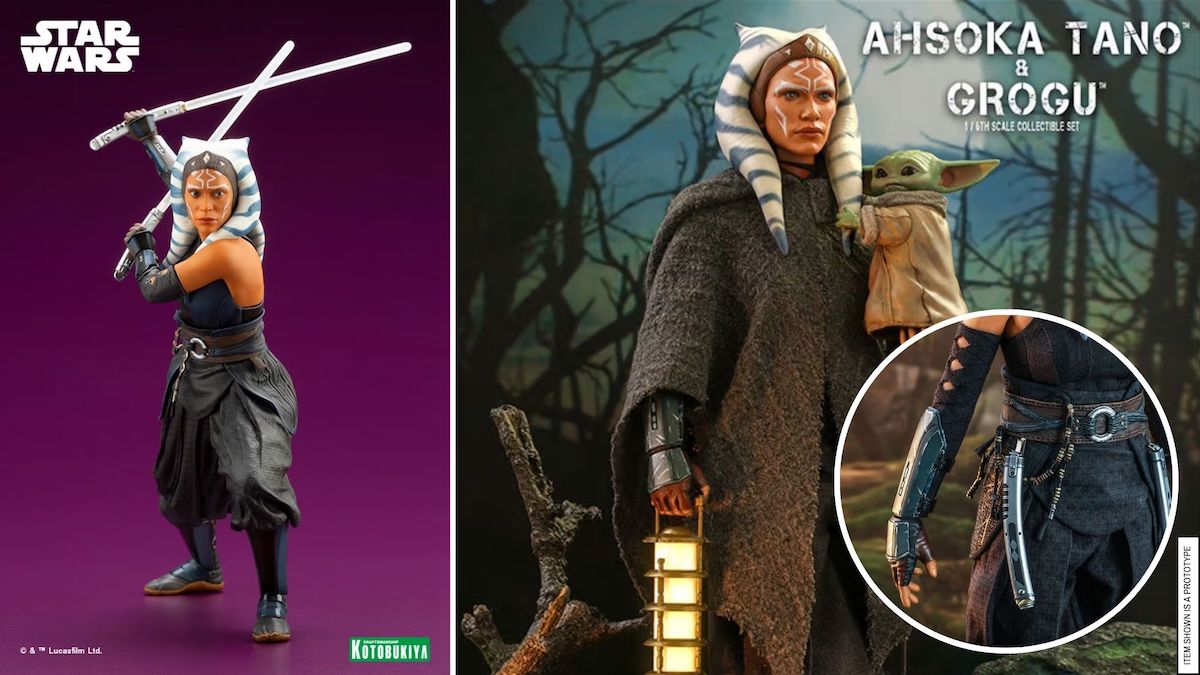 A pair of 'Star Wars' figures: astatue of Ahsoka Tano next to a ball-joint doll of Ahsoka Tano who is holding an accurately scaled Grogu