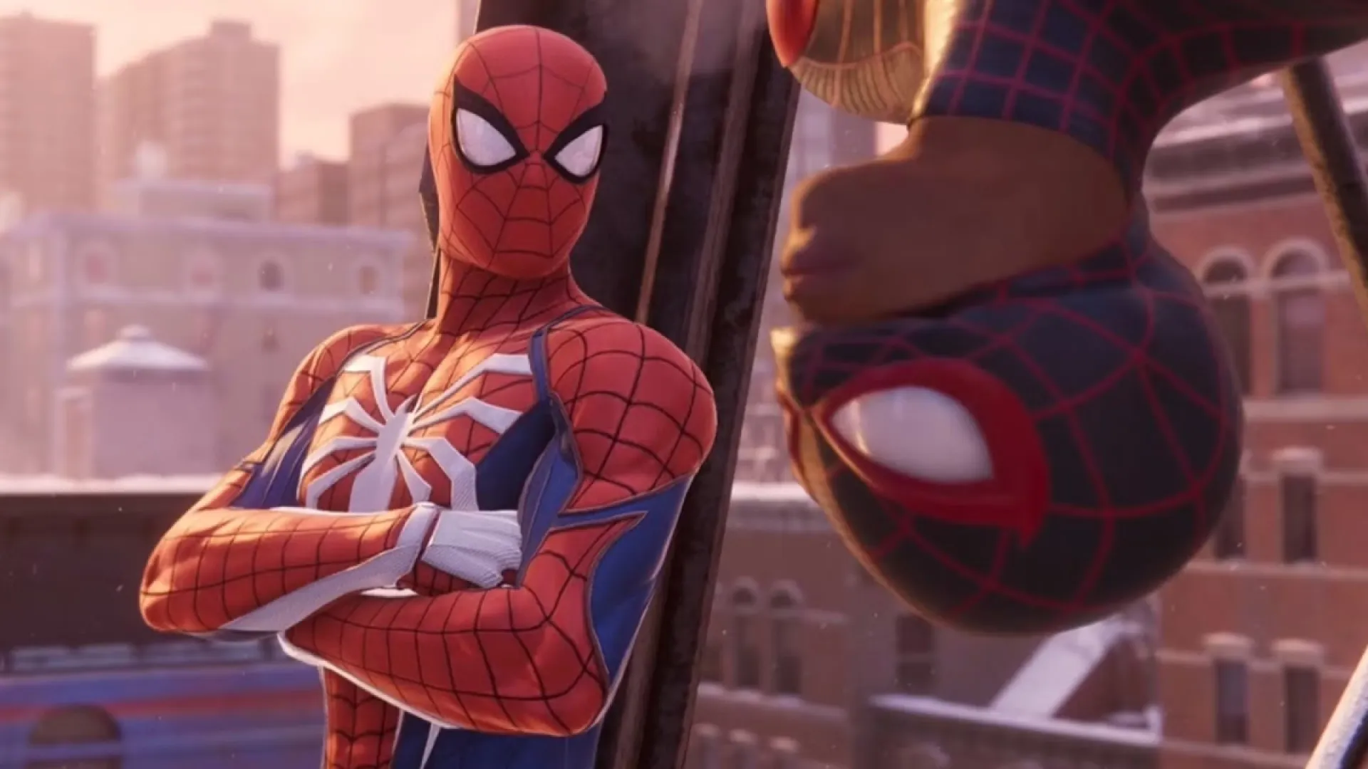 Spider-Man from the Insomniac Games 'Spider-Man' series appears with Miles Morales' Spider-Man in 'Across the Spider-Verse'