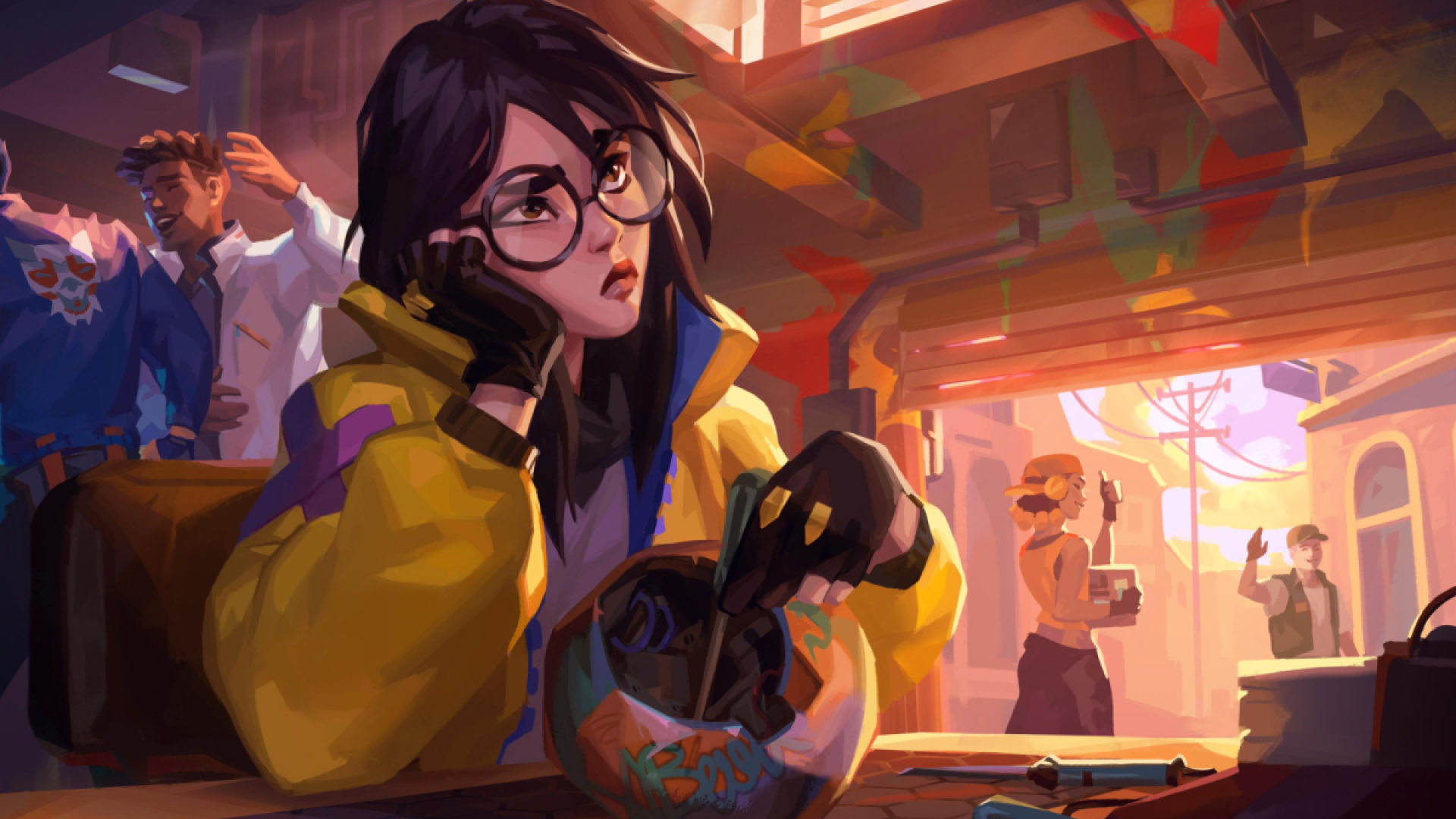 Killjoy in Raze's workshop, shortly before the two kiss. Artwork for Riot Games' Valorant.