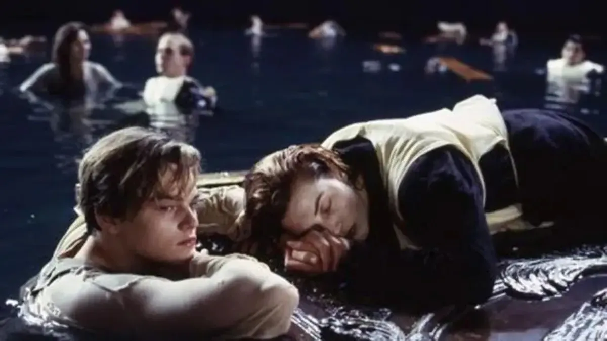 Leonardo DiCaprio as Jack and Kate Winslet as Rose in the Titanic door scene.