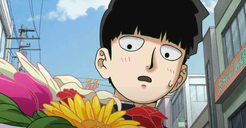Mob holding a bouquet of flowers mere moments before our hearts get wrung out in Mob Psycho 100 III