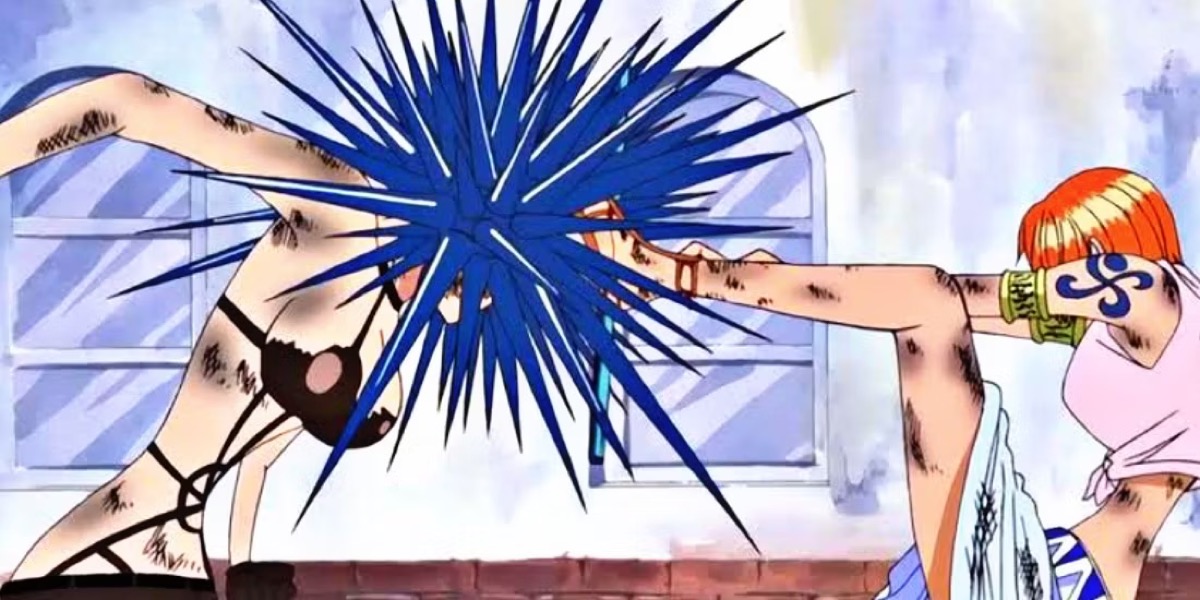 Nami lands a kick on Ms. Doublefinger's spiny head in "One Piece" 