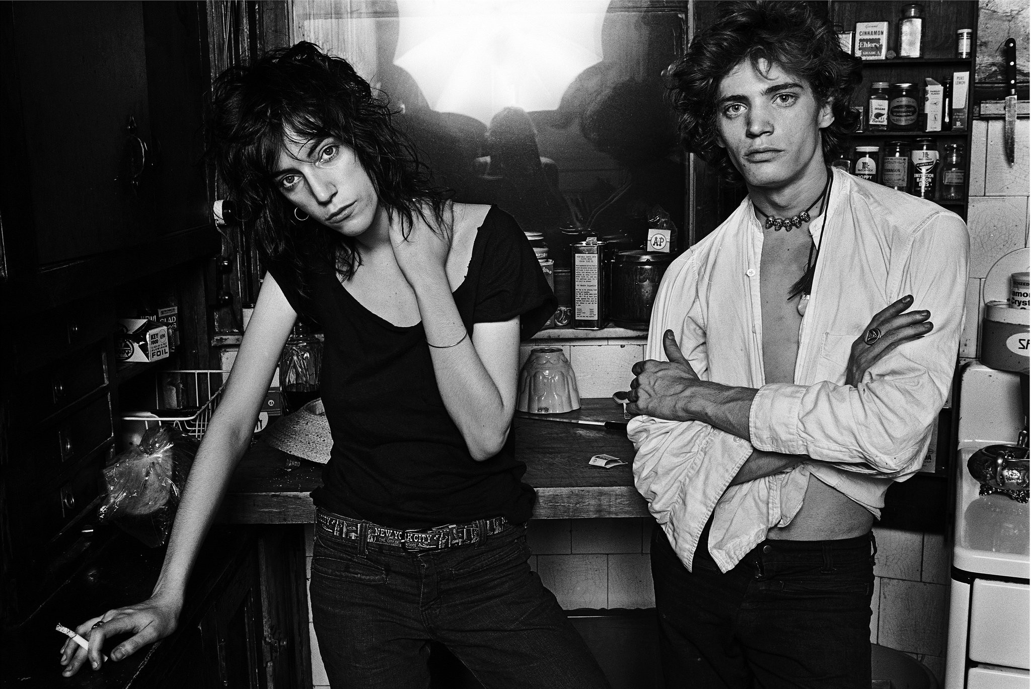 Black and white photo of Patti Smith and Robert Mapplethorpe