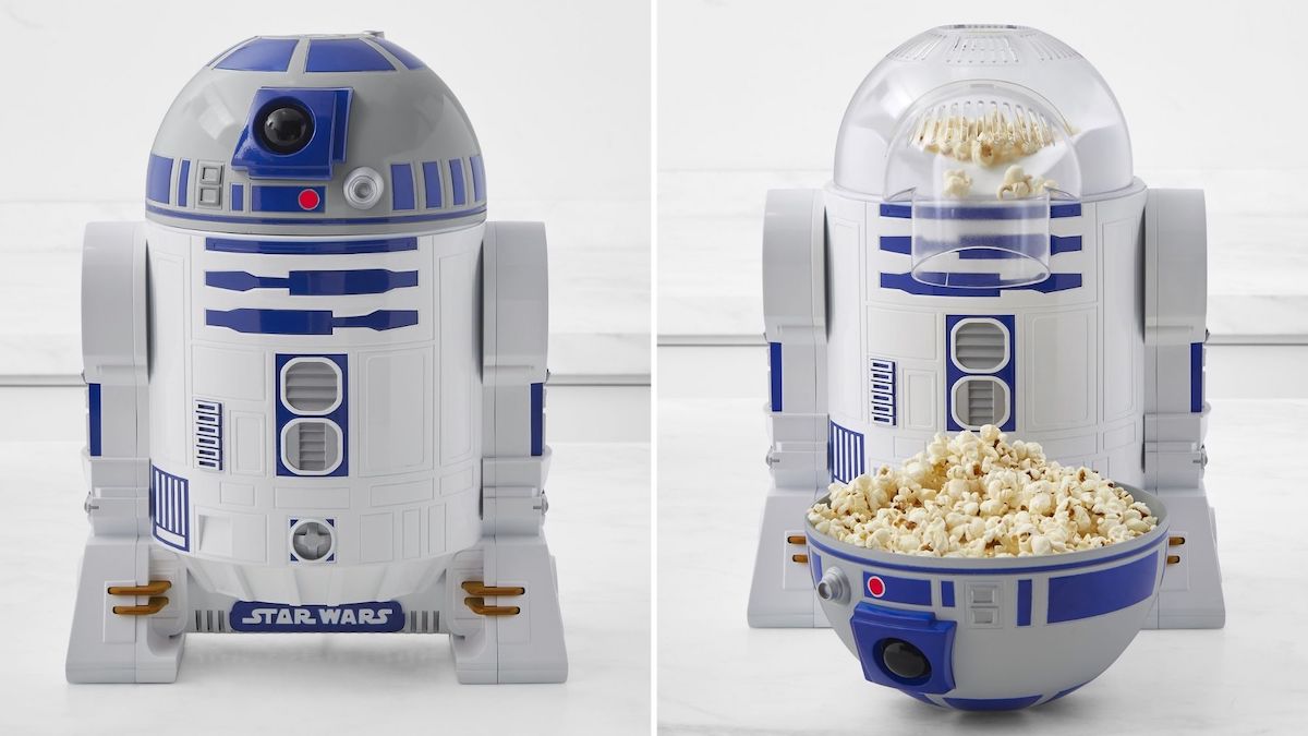 A popcorn maker designed to look like R2-D2 next to an image of the popcorn maker after making a bowl of popcorn and the dome from the droid being used as a bowl for the popcorn