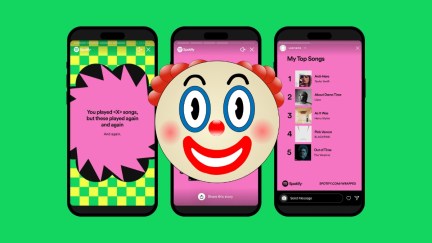 A Spotify Wrapped promotional image partially obscured by a clown emoji
