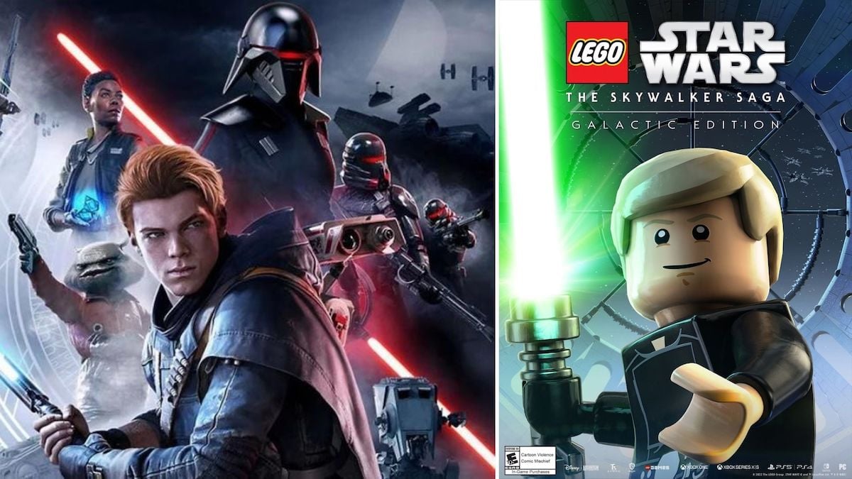 A detail of the cover art for the video game Star Wars Jedi: Fallen Order featuring a close up of the character Cal Kestis next to the cover art for LEGO Star Wars: The Skywalker Saga featuring a LEGO minifigure version of Luke Skywalker