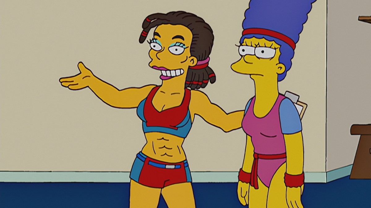 Marge stands next to a muscular woman at the gym in 'The Simpsons'