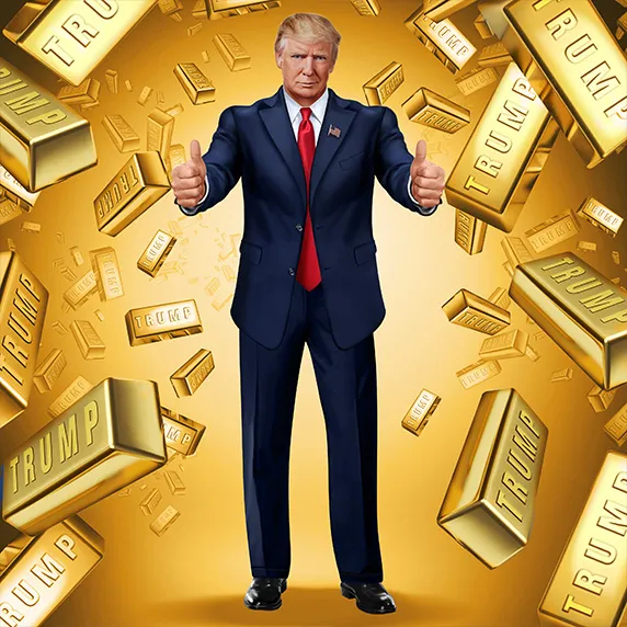 Donald Trump in front of gold bars, smiling.