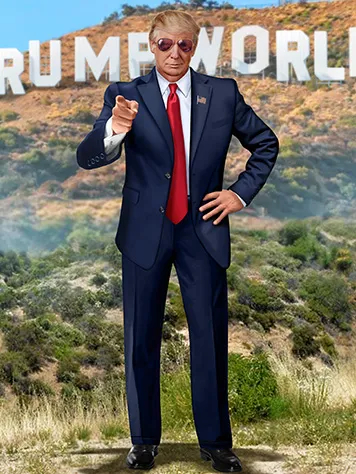 Trump in front of Hollywood, except it says 'Trumpworld.'
