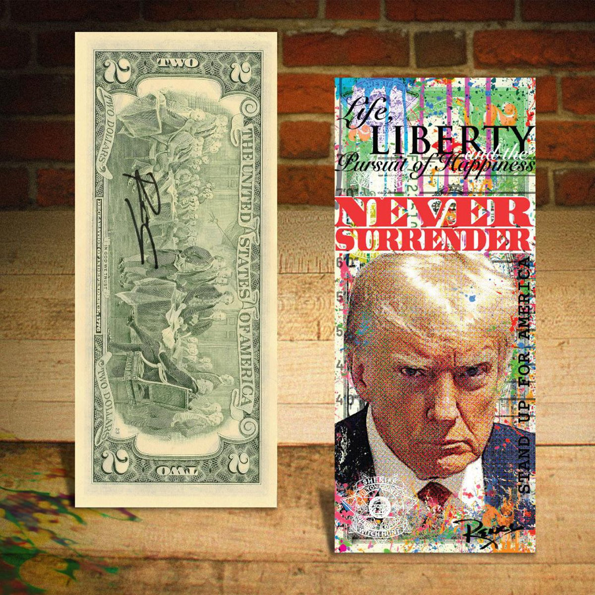 A $2 dollar bill with Trump's face on it