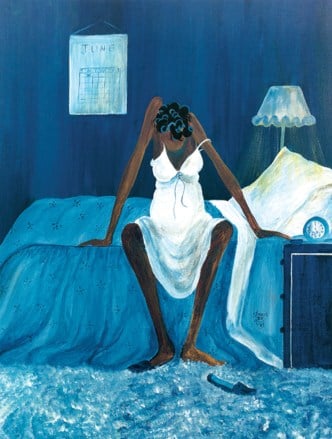 Annie Lee's 'Blue Monday' painting showing a tired Black woman sitting on a bed. Image: Annie Lee.