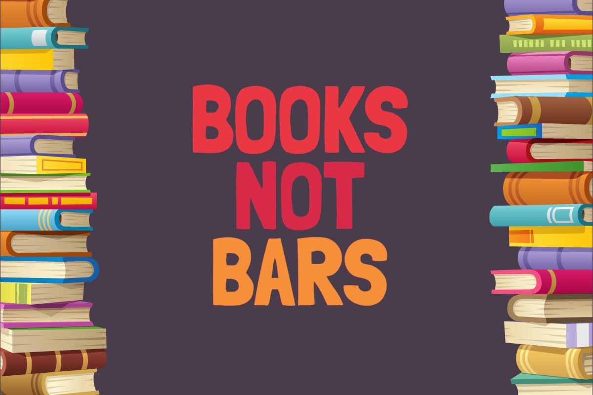 'Books not Bars' logo next to staks of books. Image: Haymarket Books, Alyssa Shotwell