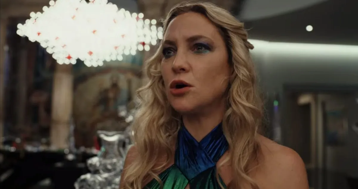 Birdie played by Kate Hudson in 'Glass Onion: A Knives Out Mystery' saying "Oh, it's so dumb, it's brilliant." Image: Netflix.