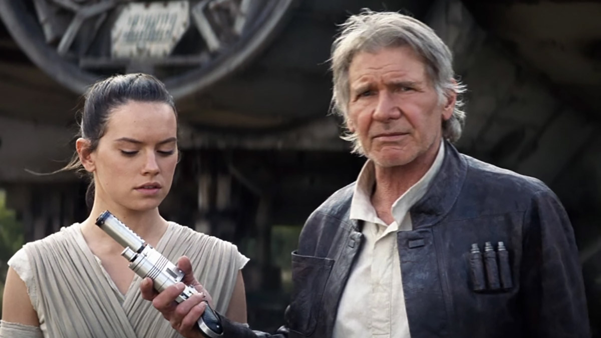 Harrison Ford as Han Solo and Daisy Ridley Rey in the Force Awakens