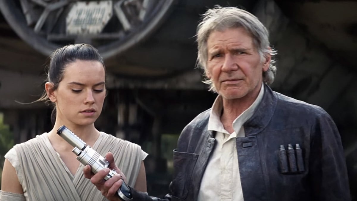 Harrison Ford as Han Solo and Daisy Ridley Rey in the Force Awakens