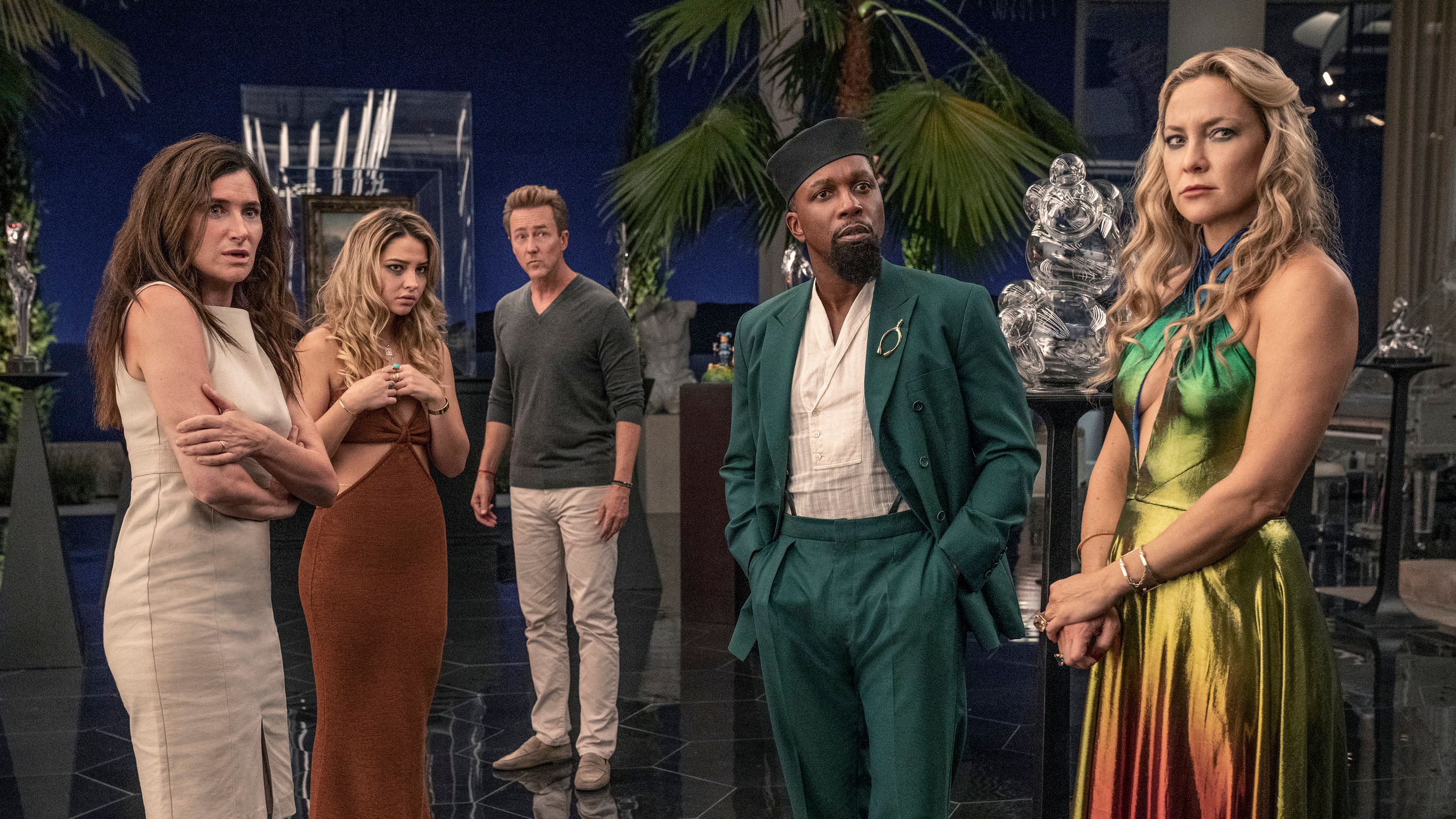 All About Birdie (Kate Hudson)'s Rainbow Dress in Glass Onion | The Mary Sue All About Birdie (Kate Hudson)'s Rainbow Dress in Glass Onion | The Mary Sue