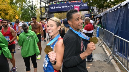 NEW YORK, NEW YORK - NOVEMBER 06: Amy Robach and TJ Holmes run during the 2022 TCS New York City Marathon on November 06, 2022 in New York City. (Photo by Bryan Bedder/New York Road Runners via Getty Images)