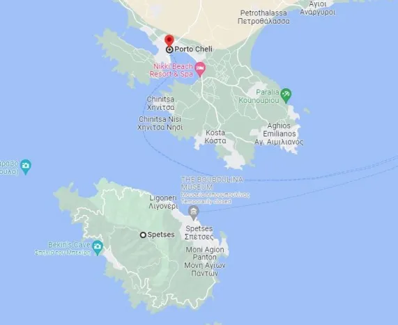 Porto Cheli (mainland) and the Spetses (island) in Greece. Image: Google Maps.