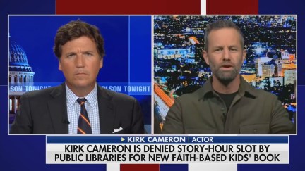 Kirk Cameron on Fox News talking to Tucker Carlson. Image: Fox News.