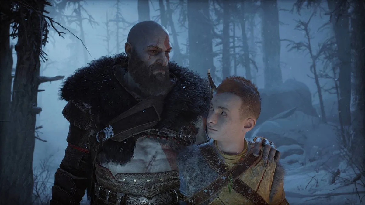 'God of War's Kratos with an arm around his young son, Atreus