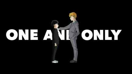 In a still from the opening of 'Mob Psycho 100' part III, Reigen and Mob are in suits, looking at each other, with the words 